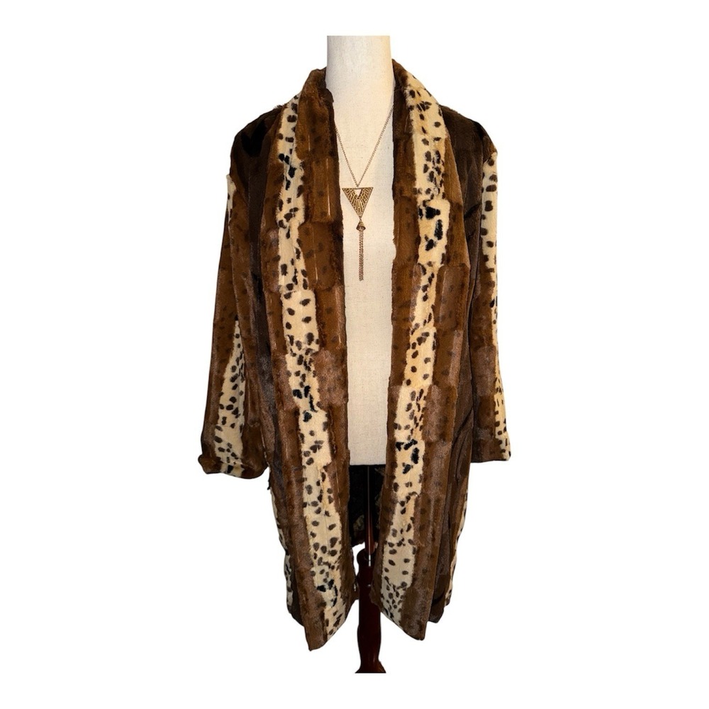 Johnny Was Workshop Faux Fur Coat Womens S Brown Animal Print Patchwork Lining